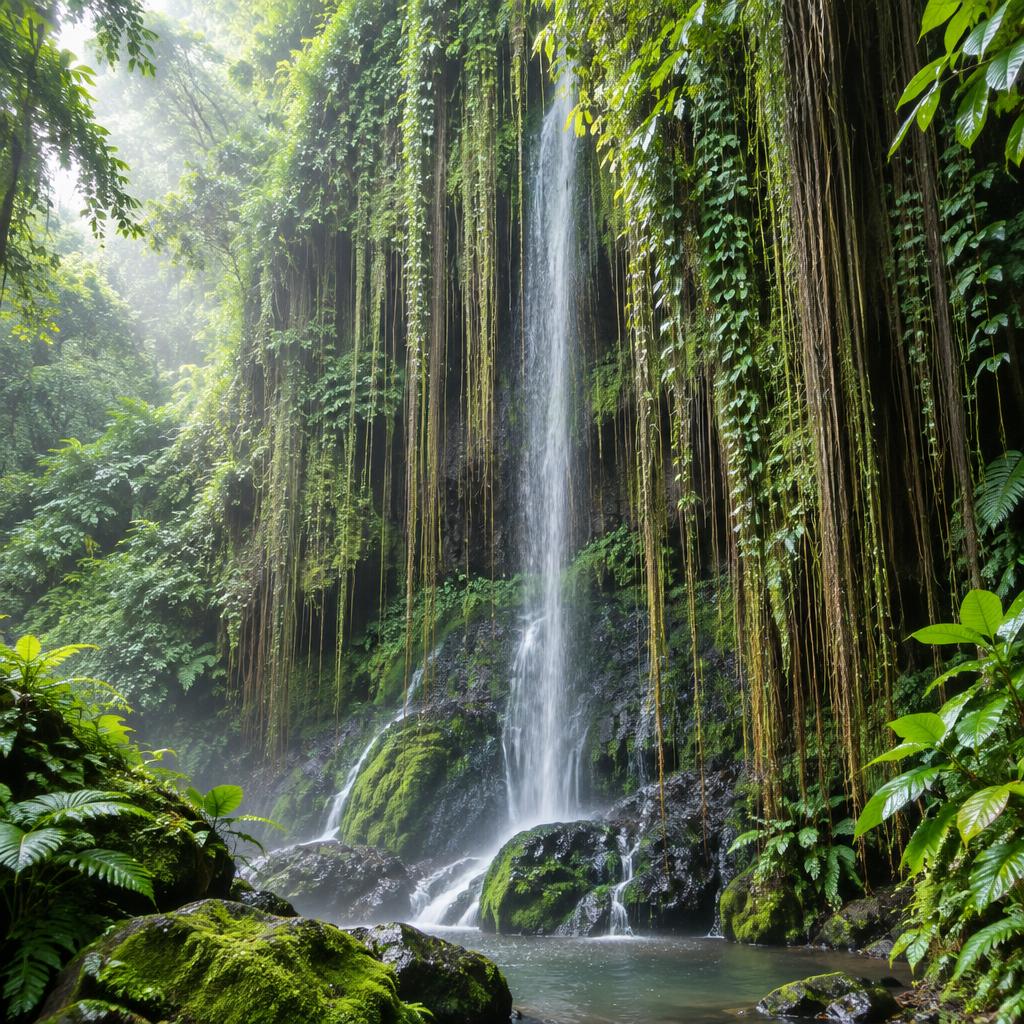 Air terjun Benang Kelambu jatuh menembus tirai tanaman rambat hijau