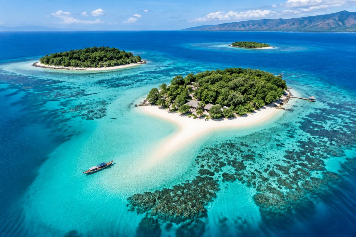 Suasana pantai di Gili Trawangan dengan air laut jernih dan perahu tradisional