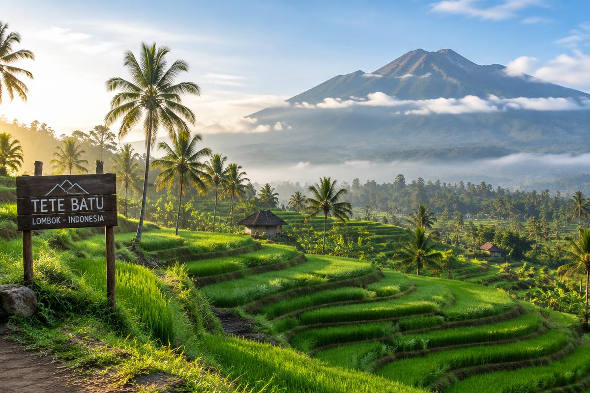 Suasana hijau di desa wisata Lombok dengan sawah dan perbukitan
